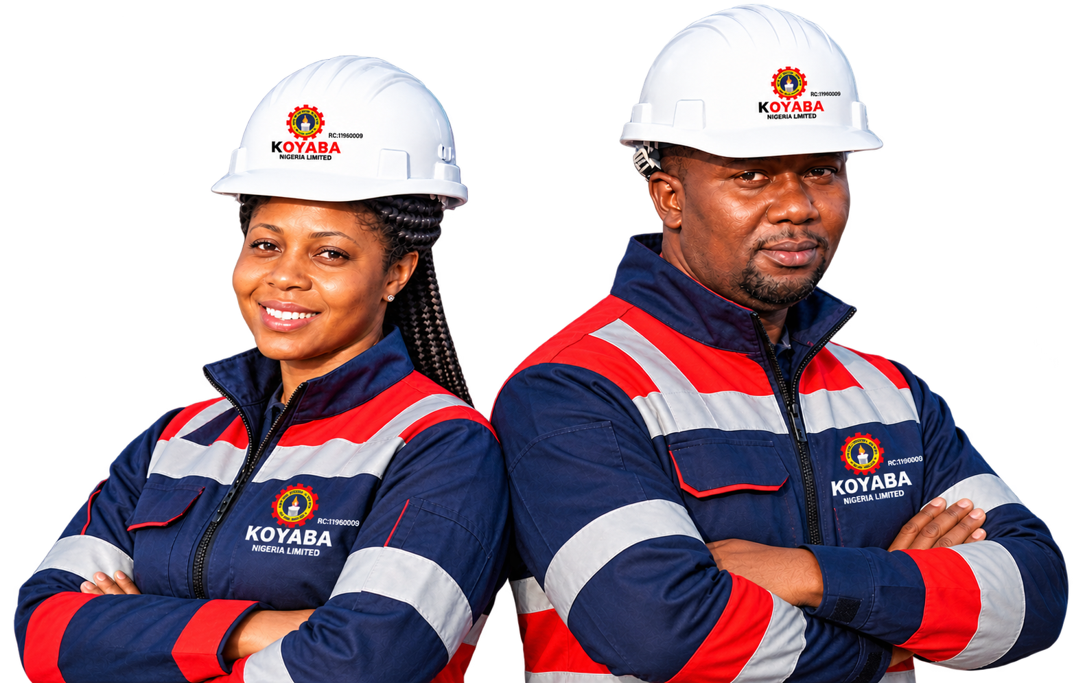 Koyaba construction professionals wearing branded safety helmets and protective workwear